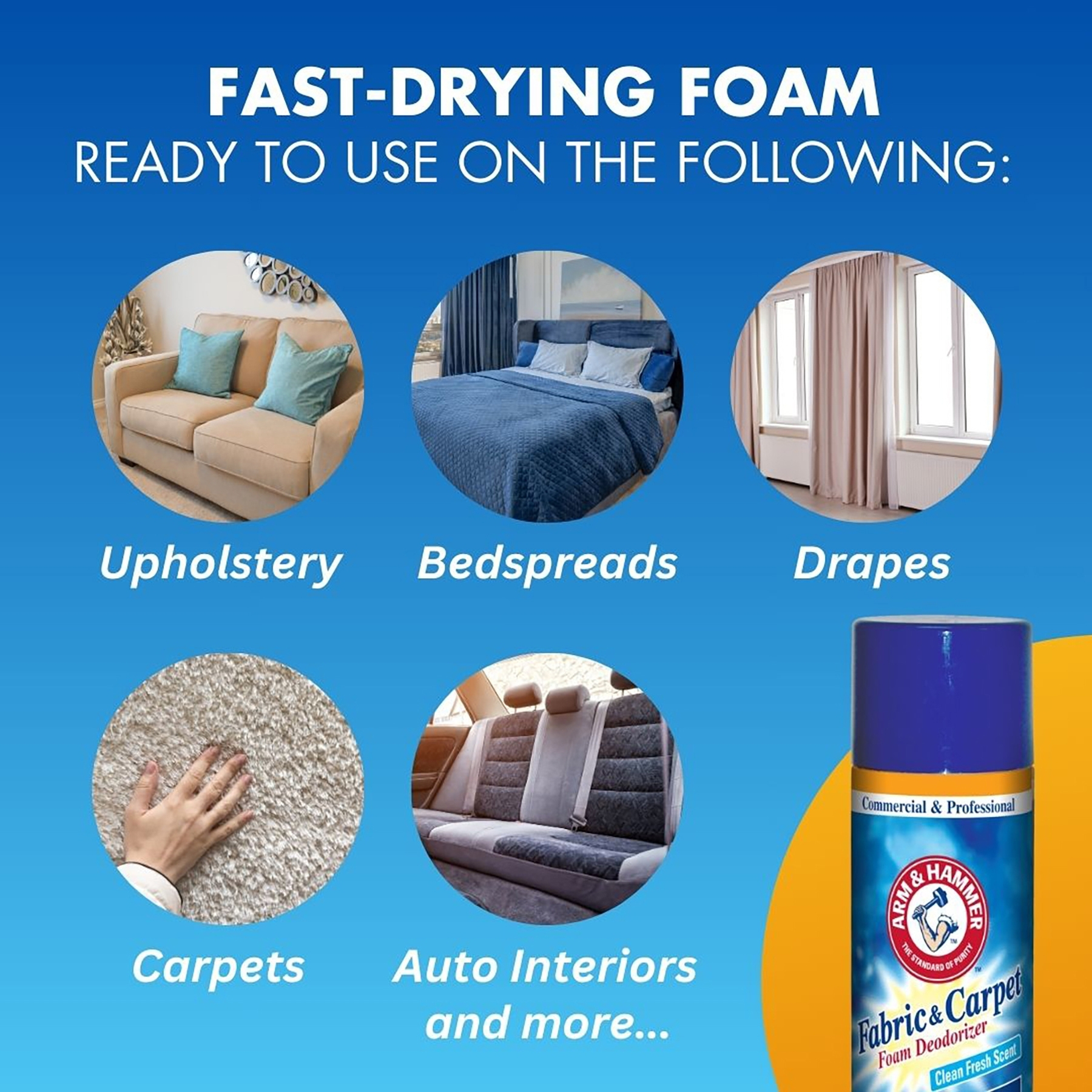 Infographic showing the benefits of ARM & HAMMER Fabric and Carpet Foam Deodorizer's Fast drying foam