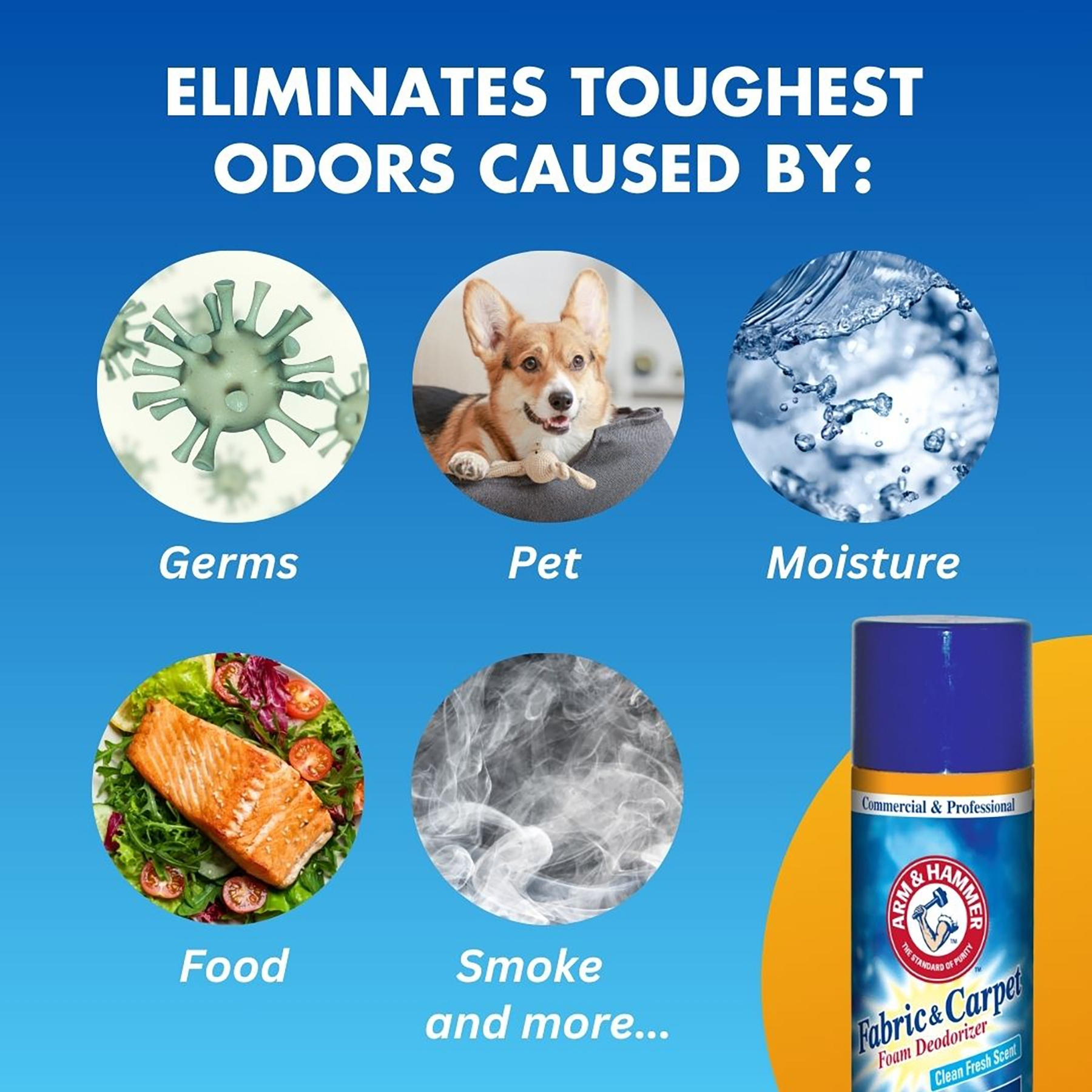 Infographic showing the odor elimination benefits of ARM & HAMMER Fabric and Carpet Foam Deodorizer