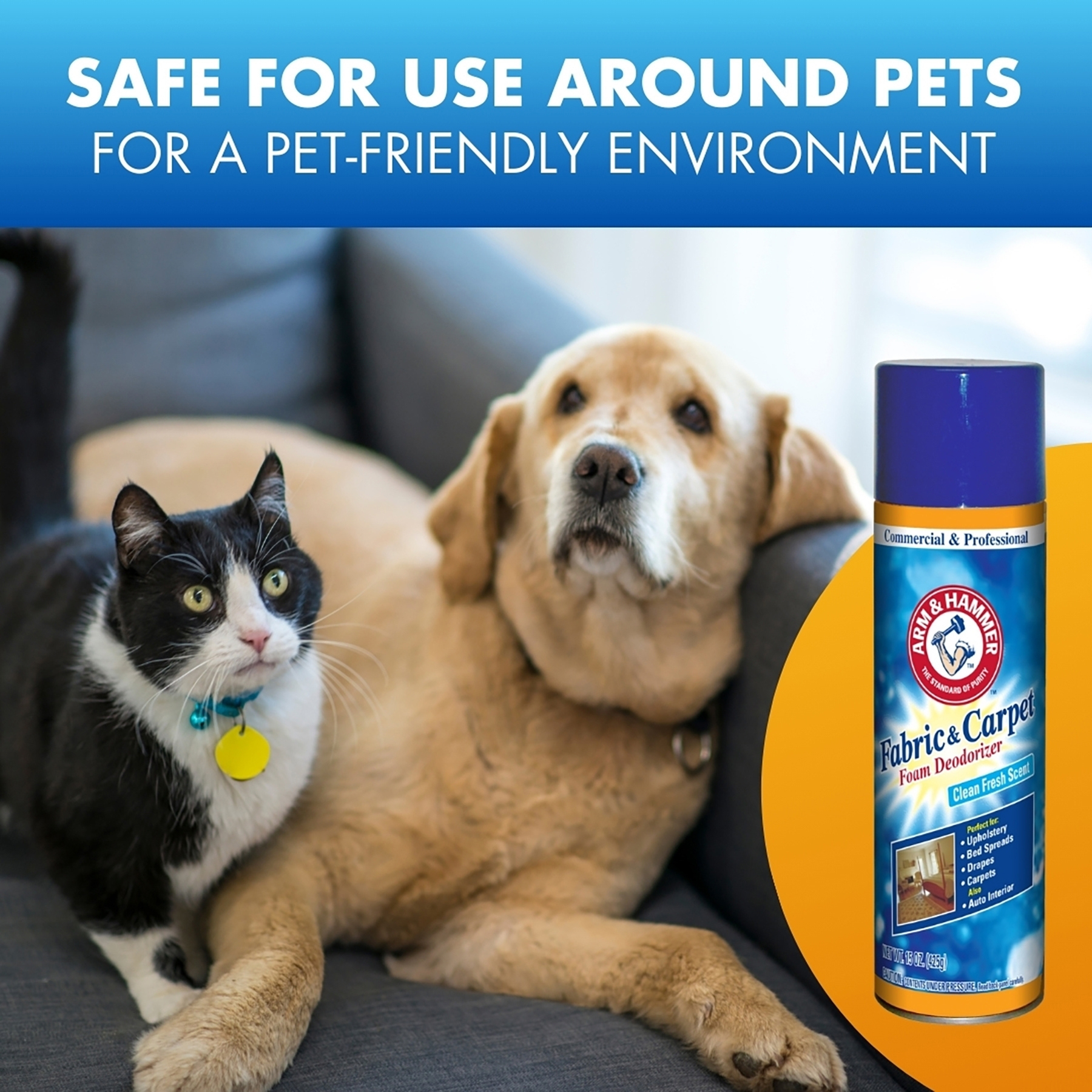Can of ARM & HAMMER Fabric and Carpet Foam Deodorizer beside a dog and cat on a couch with copy - Safe for use around pets for a pet friendly environment.