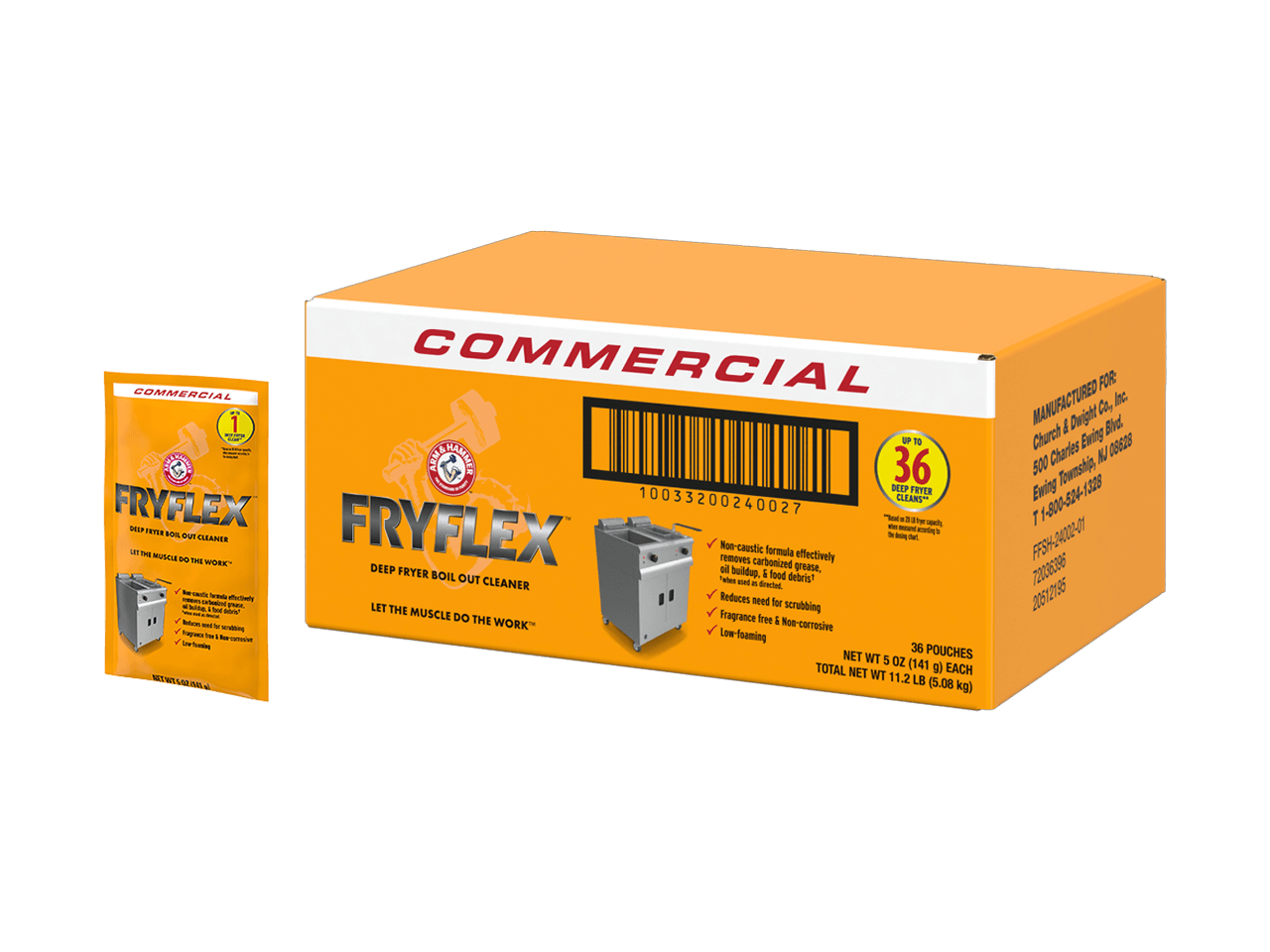 FRYFLEX™ Deep Fryer Boil Out Cleaner 5 oz. Pre-measured Packet alongside product packaging containing 36 units