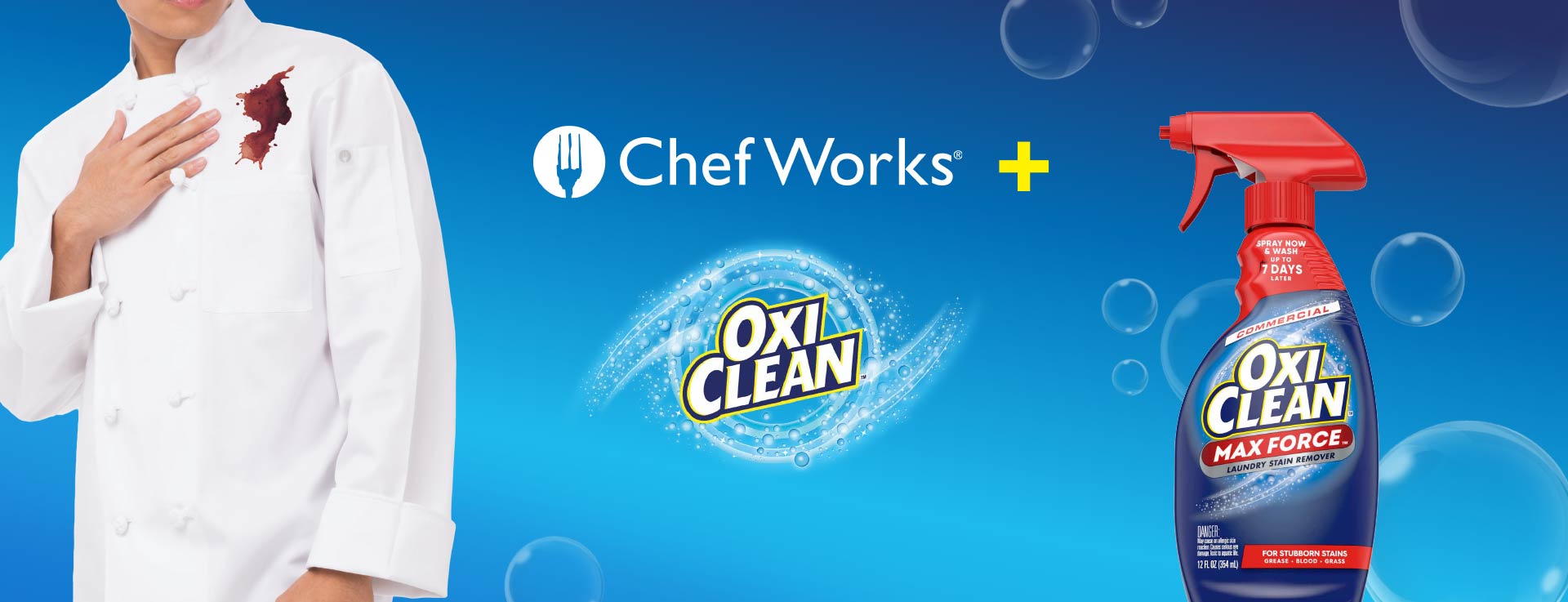 Chefworks + OxiClean with bottle of OxiClean Maxforce
