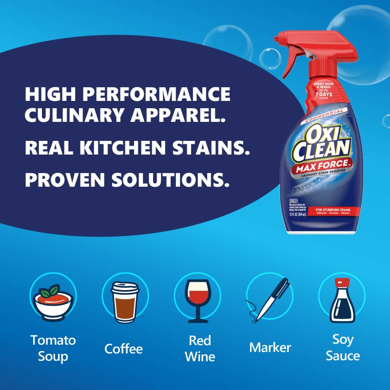 Chefworks and OxiClean infographic stain removal for tomato soup, red wine, soy sauce, coffee, and marker