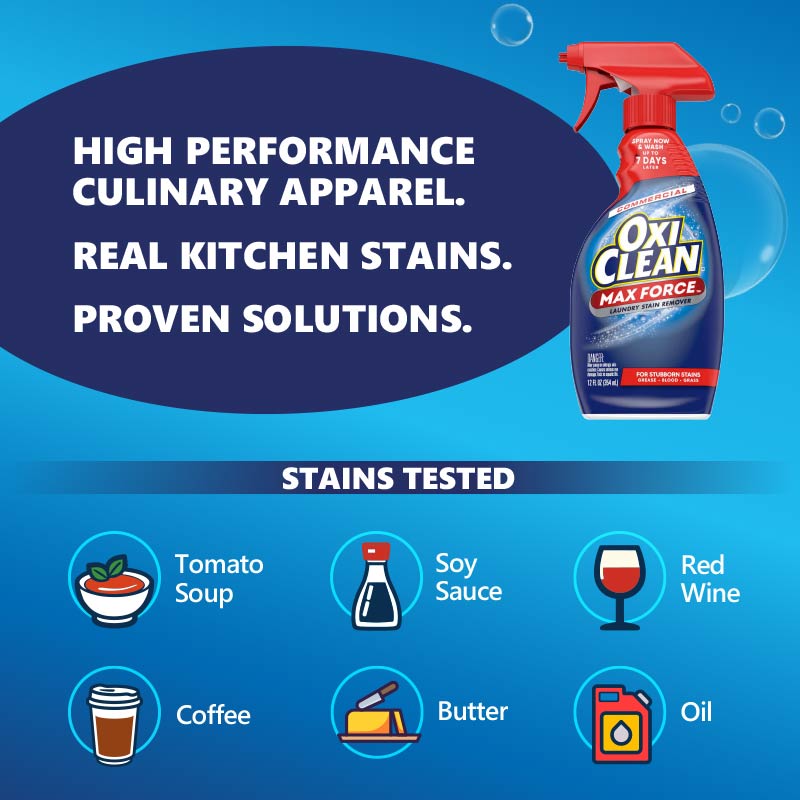 OxiClean infographic with stains tested - Oil, butter, red wine, soy sauce, coffee and tomato soup
