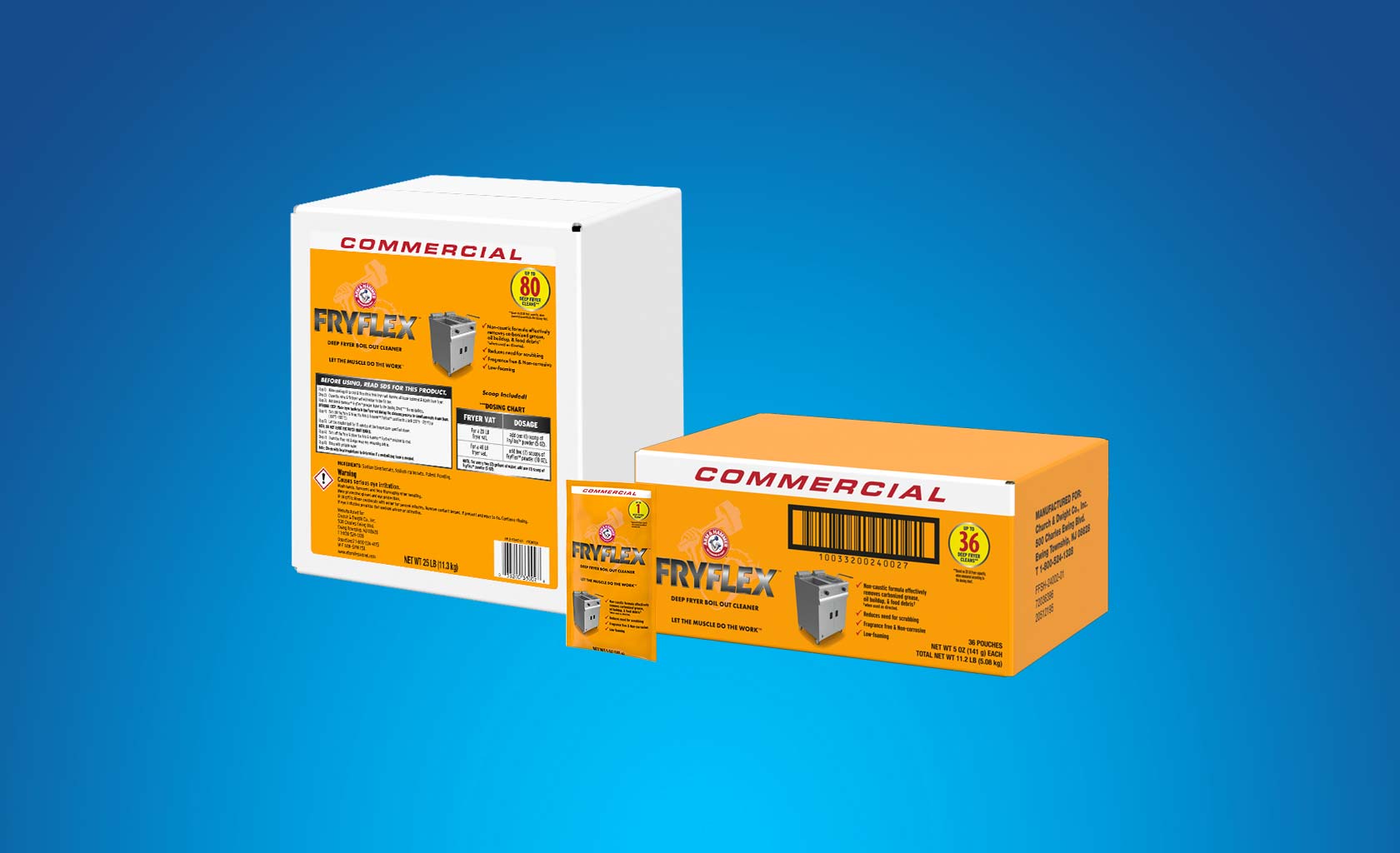 FRYFLEX Product Line with 25lb bulk and 36ct. pre-measured 5-ounce packets.